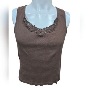 Women's Lauren Ralph Lauren Brown Lace Trim Tank Top Green Label Size Extra Larg